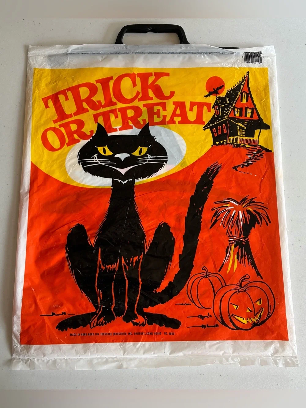 Vtg Halloween 2 Sided Black Cat Plastic Trick Or Treat Bag Witch Decoration Snap